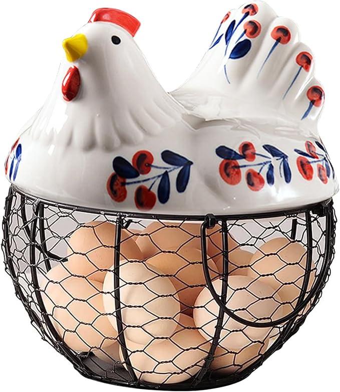 Gcroet Ceramic Egg Holder, Hollow-Out Wire Chicken Egg Holder with Chicken Shaped Lid, Non Slip Basket Countertop with Handle for Gathering Fresh Eggs...