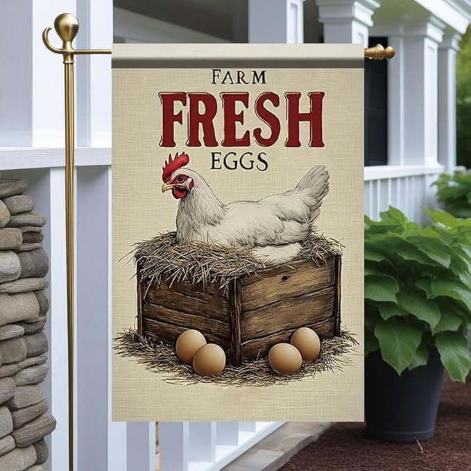 Farm Fresh Eggs Garden Flag 12x18 Inch Double Sided Outdoor Yard Banner Hen on Nest Rustic Farmhouse Country Decor for Garden Porch Patio Lawn Home Decoration