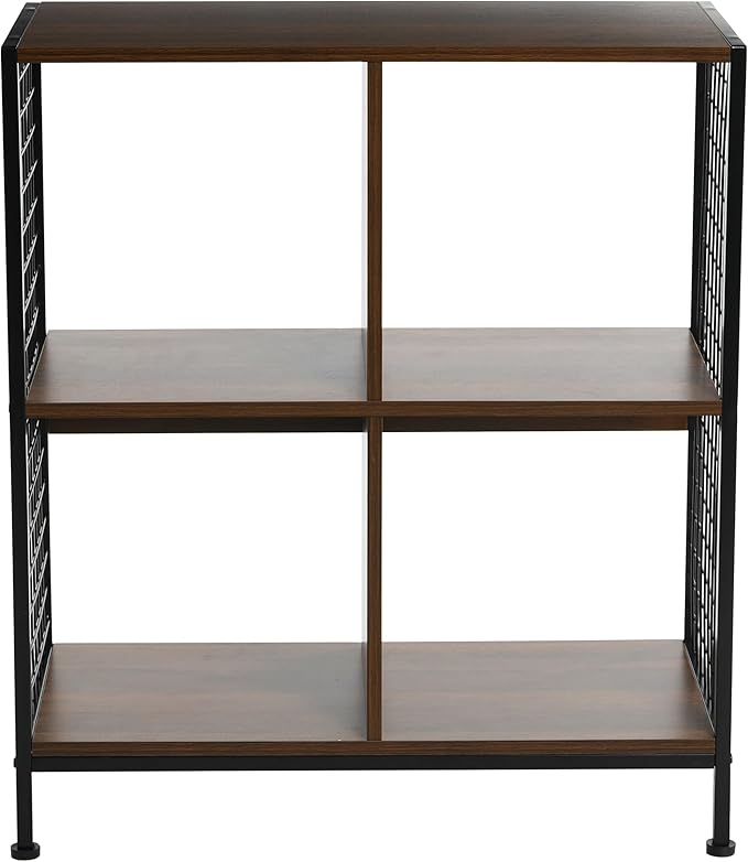 Household Essentials Trellis Open Storage Bookshelf with 4 Cube Compartments Mid Century Walnut Wood Grain and Black Metal