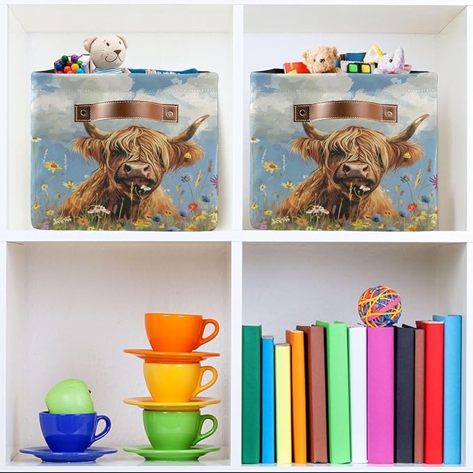 JIPONI Wild Highland Cow Fabric Storage Bins for Shelves, Decorative Storage baskets for organizing, Closet Organizer with Handle for Cloth, Toys, Bedrooms, Farmhouse