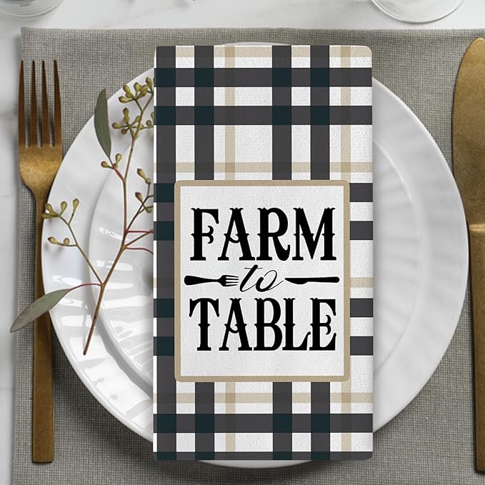 Farmhouse Animals Kitchen Dish Towels Set of 2, Chicken Pig Cow Chick Oink Moo Drying Hand Towel Baking Cooking Cloth, Farm to Table Buffalo Plaid Bathroom Home Decoration 18'' x 26''