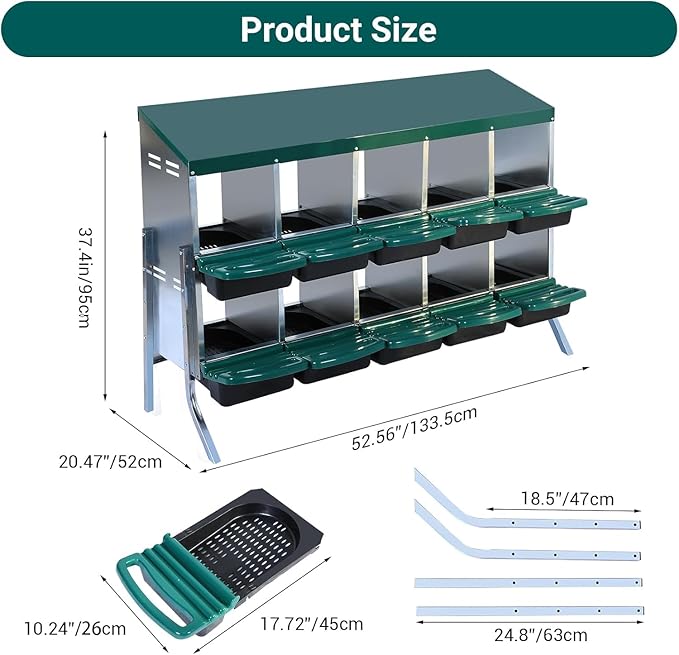 Chicken Nesting Box, 10 Compartments Roll Away Eggs Laying Boxes, Cleanable Pull Out Hen Roosting Boxes with Mental Leg, Durable & Easy to Install, Green