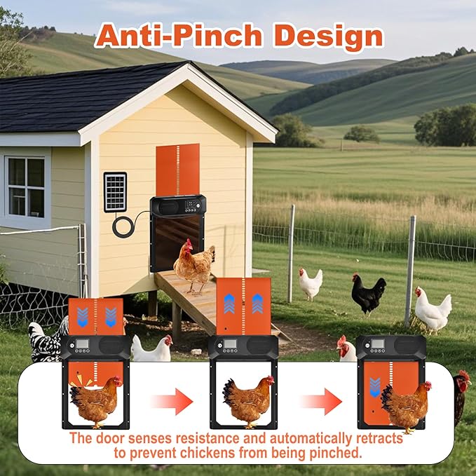 Automatic Chicken Coop Door Solar Powered with Remote Control, Auto Chicken Door with Timer & Light Sensor, Anti-Pinch Safety, Waterproof Aluminum Chicken Door with LED Display