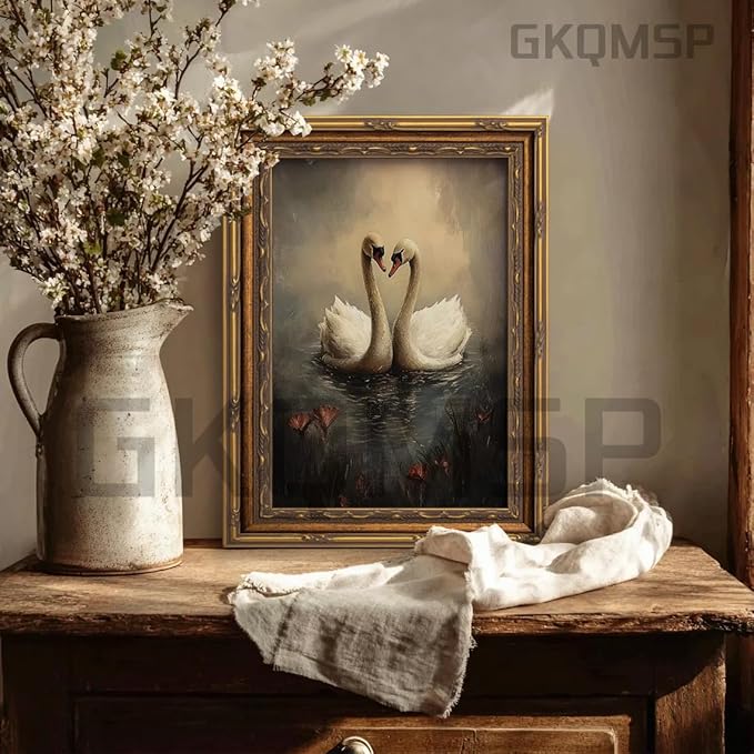 Vintage Gold Framed Wall Art Vintage Swan Canvas Wall Decor Retro Moody Swan Oil Painting Prints Farmhouse Antique Animal Picture Poster Artwork for Home decor Living Room Bedroom Hallway 9x11in