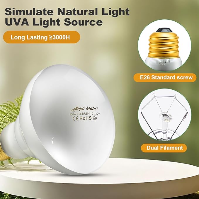 2Pack Reptile Heat Lamp Bulbs, 150W Reptile Heat Emitter Basking Spot Light, UVA Daylight Heat Lamp Bulbs for Chickens Coop Reptiles Pets Brooder Use