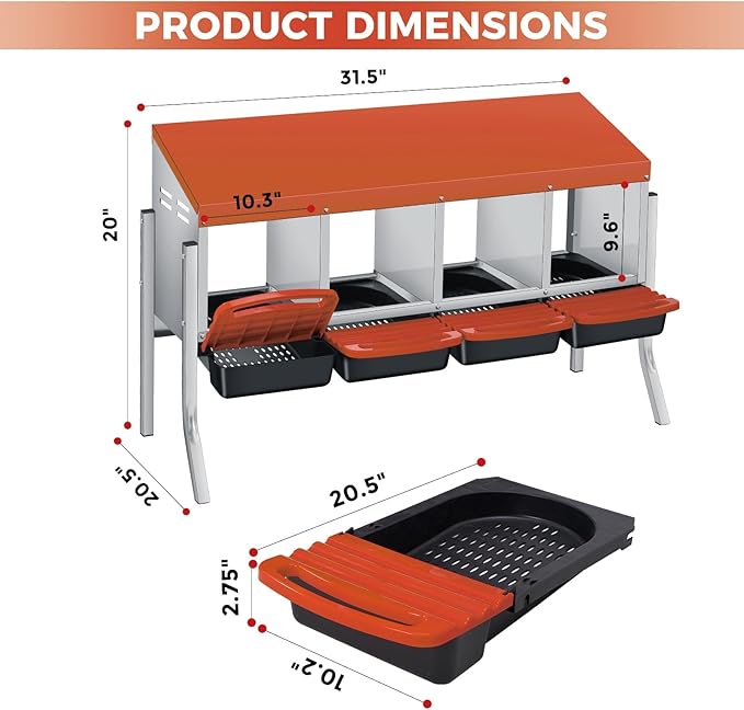 4 Compartment Metal Chicken Nesting Box, Automatic Roll-Out Egg Collection, Waterproof Galvanized Steel Laying Box with Perch & Wall Mount, for Hens Ducks Rabbits