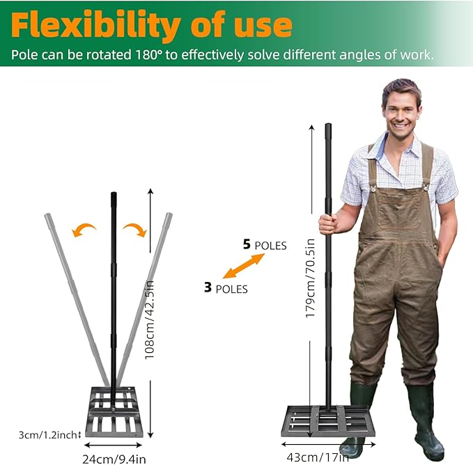Lawn Leveling rake 17"x9.4" Levelawn Tool with 70.5" Adjustable Long Handle Heavy Duty Landscape Leveling Rake Lawn Leveler Yard Tool for Backyard, Golf Course, Garden, Pasture, Farm