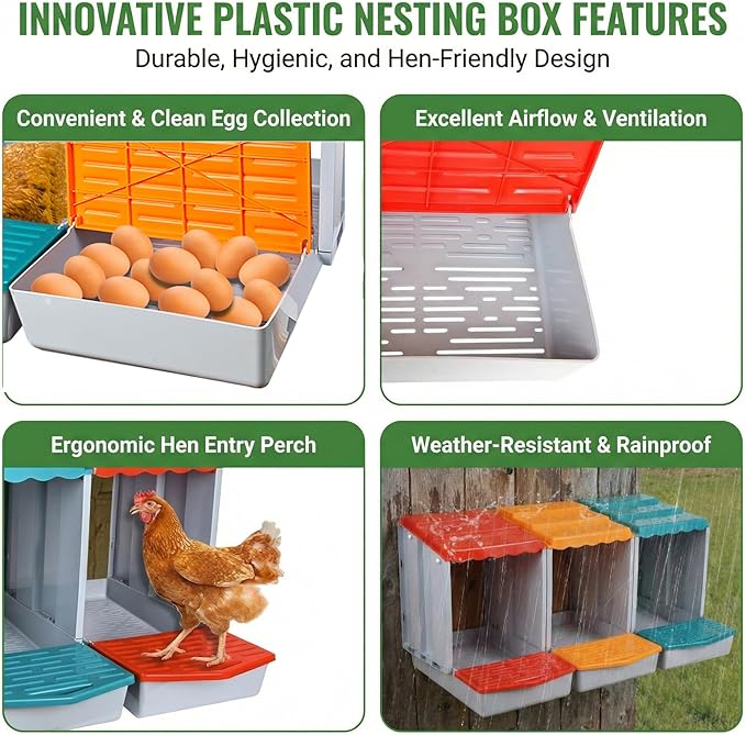 Chicken Nesting Boxes for Chickens, 3-Hole Modular & Detachable Roll-Away Egg Tray, Connectable up to 3 Units, Chicken Coop Accessory for Backyard & Farms