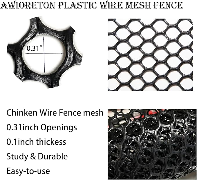 Chicken Wire Fence Mesh, Plastic Hexagonal Fencing for Gardening with Zip Ties, 15.7IN x 10FT Black Poultry Fencing,Garden Netting, Chicken Wire Frame for Crafts, Floral Netting