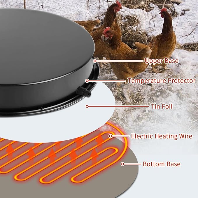 2PACK Chicken Water Heater for Winter， Heated Poultry Waterer Base,with Thermostat and 9.8ft Power Cord, Dia.11in,Suitable for Plastic/Metal Poultry Waterer