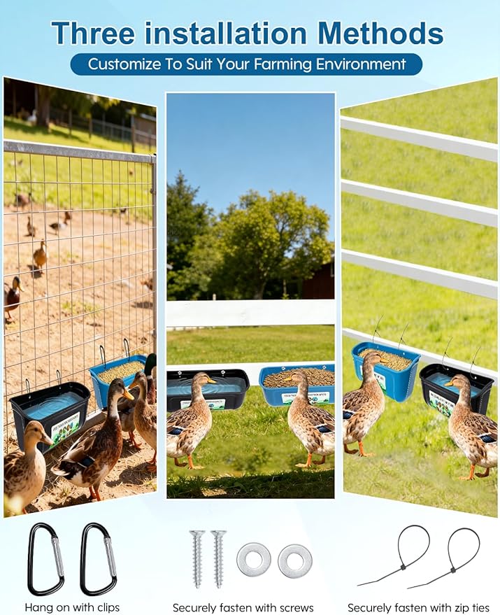 Duck Water Feeder,4 Pack Hanging Ducks Feeder and Ducks Waterer Set,Drake Fence Feed Trough with Clips, Poultry Livestock Food Water Feeding Container or Hen Coop, Duck Cage and Mallard Houses