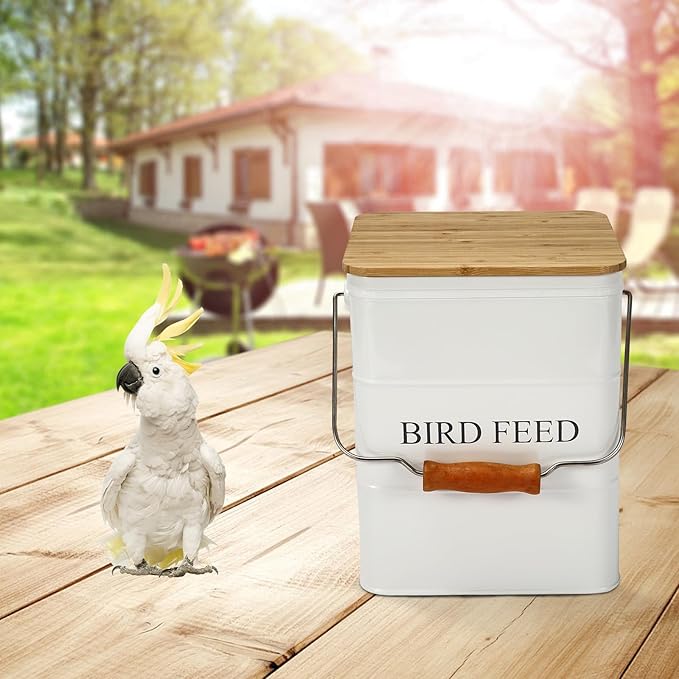 Morezi Bird Treat and Food Storage tin with Wooden lid and Scoop Included - White Powder - Carbon Steel - Birds Food bin - pet Food Container Storage Canister