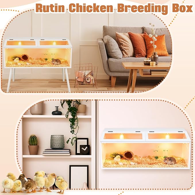 40 x 16 x 16 in Brooder Box for Chicken Quails Stand Sliding Door, Bulb Set and Feeder, Indoor Chicks Coop Brooder Box Kit, for Ducks, Hamsters, Lizards, Mice, Rat (Table Legs, White)