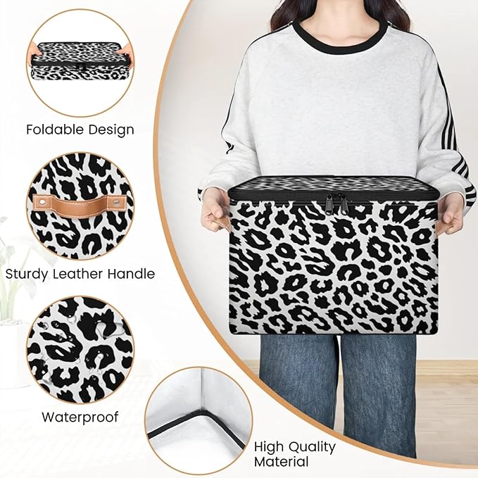Storage Cubes with Lid Fabric Storage Bins Boxes PU Leather Handles, Leopard Textures Closet Organizer Container Foldable Washable Shelf Cloth Basket, Leopard Print