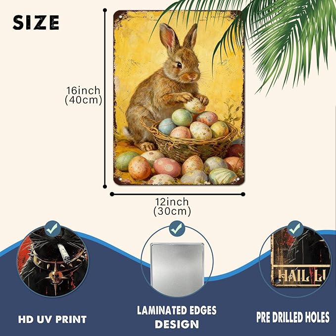 YoyaVex Easter Bunny Metal Sign Vintage Farmhouse Decorative Eggs Rustic Wall Art For Home Cafe Restaurant Garage Patio Garden Decor 12X16Inch