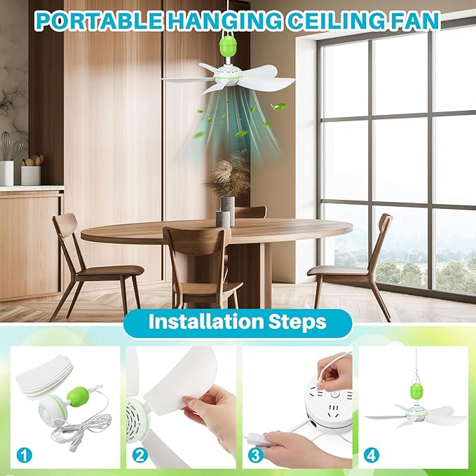 2 Set Solar Powered Ceiling Fan Kit for Outdoor Portable 15 W Solar Panel Powered USB Small Hanging Fan Dual Charging Modes for Chicken Coop Tent Greenhouse Gazebo Shed