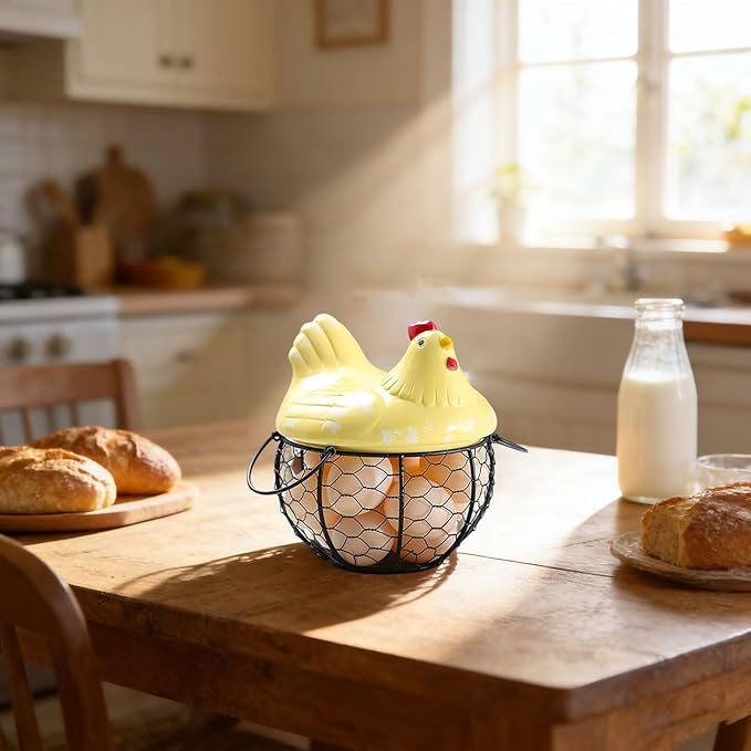 Egg Storage Organizer for Kitchen Countertop, Ceramic Chicken Lid with Wire Basket Dispenser, Black Chicken Egg Holder for Fresh Eggs, Rustics Egg Dispenser Rack for Farmhouse Decor (Yellow)