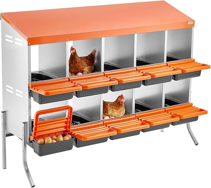 VEVOR Chicken Nesting Boxes, 10 Compartments, with Support Legs, Easy Egg Collection, Galvanized Steel and High-Strength Plastic, Roll Away Nesting Boxes for Chickens and Hens Laying Eggs, Orange