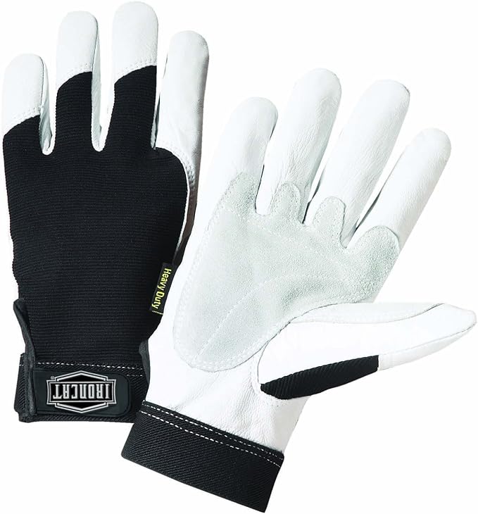 Ironcat Heavy Duty Top Grain Goatskin Leather Glove with Spandex Back, Reinforced Palm, Hook & Loop Closure, White/Black