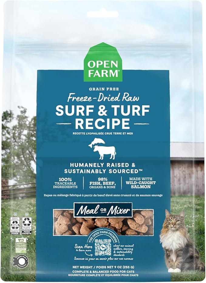 Open Farm, Freeze Dried Raw Cat Food, Complete Meal Morsels or Cat Treats with 92% Meat, Organs & Bone, Surf & Turf Recipe, 9oz Bag