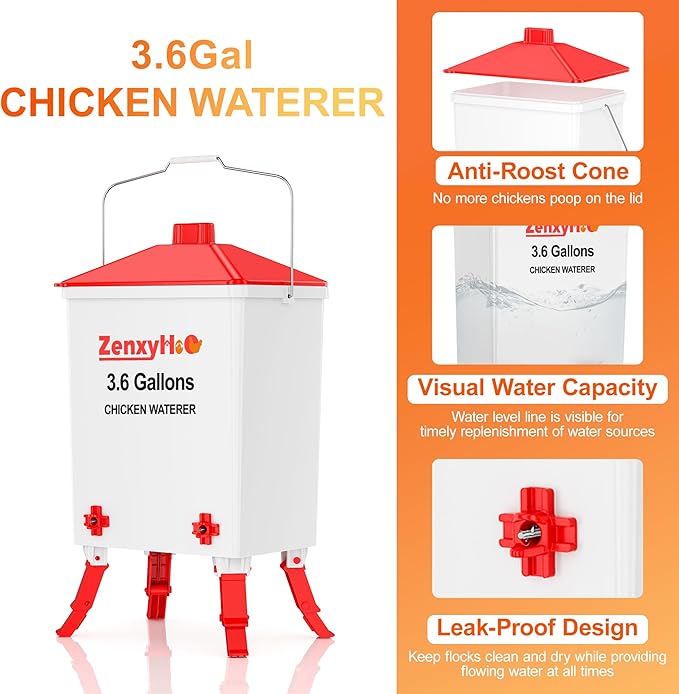 3.6 Gallons Chicken Waterer Bucket with Adjustable Legs 4 Horizontal Water Nipples and Anti Roost Cone