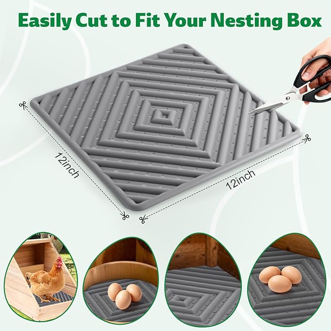 Chicken Nesting Pads for Chicken Coop, Washable Laying Pads for Nesting Box, Reusable Hen Nesting Box Pads for Coop Bedding, Soft Silicone Material, Easy to Clean, 12" x 12", Grey, 4 Pack