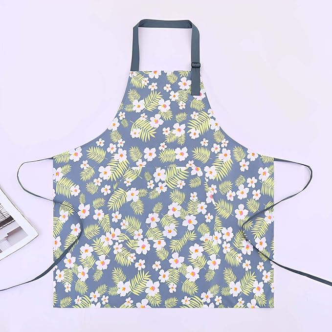 Floral Aprons with Pocket Blooming Women Waterproof Apron Adjustable Neck Long Ties Women Men Cook Baking Garden