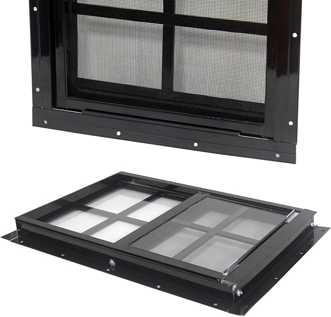 Yuzzy 18" x 23" Shed Windows with Tempered Glass and Fiberglass Screen, 2 Pack Small Sliding Windows for Shed, Chicken Coop, Playhouse, Household, Garage, Barns (Black)