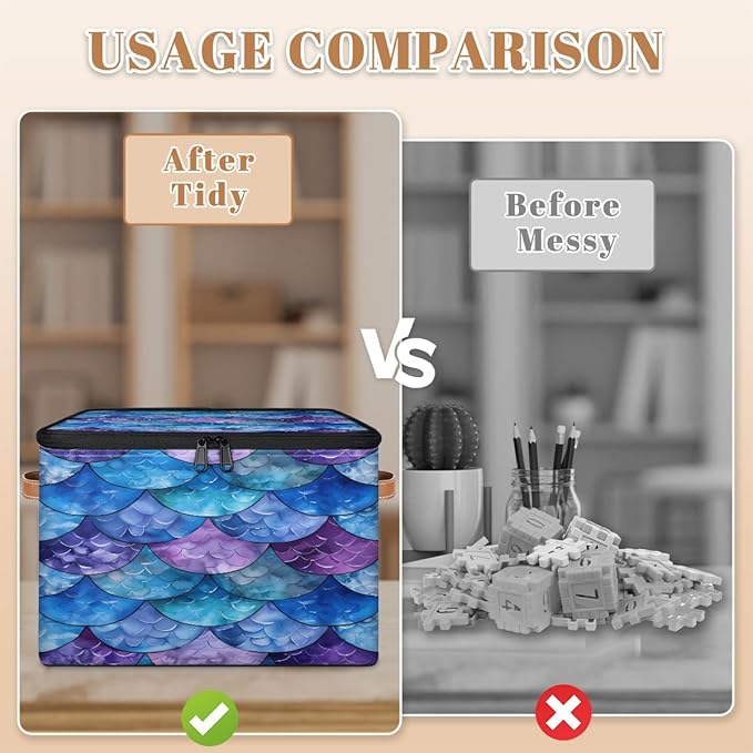 Mermaid Scale Fish Scale Ocean Storage Bins With Lids Fabric Collapsible Storage Box with Leather Handles for Home Bedroom Foldable Closet Shelf Organizer