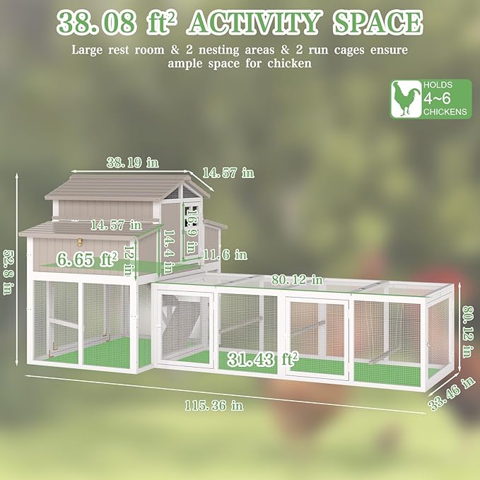 115.36"L 2-Story Chicken Coop with Extra Large Run Cage,Chicken House Hen House with 2 Large Nesting Boxes,Expandable Poultry Cage for 4-6 Hens with 6 Perching Bars,Pull-out Tray,Ramps(Grey)