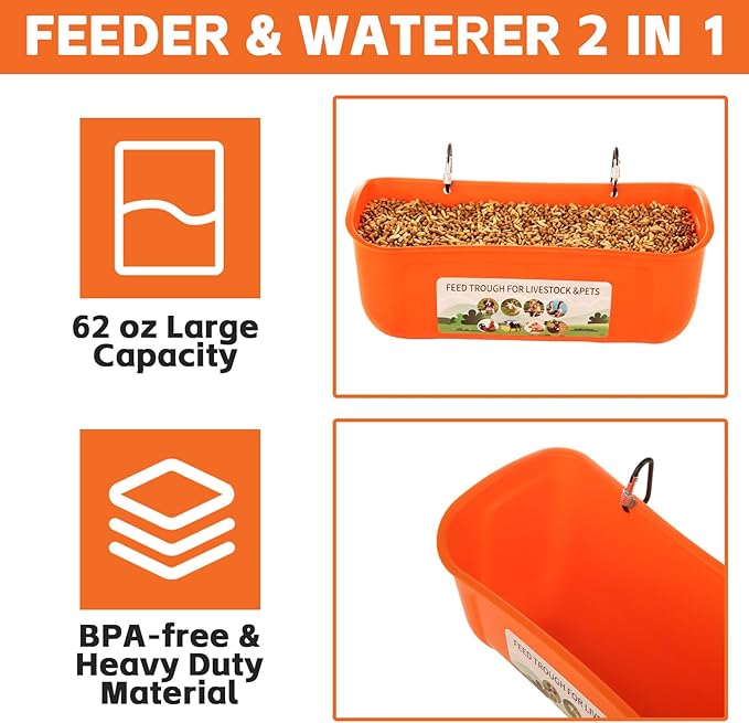 6 Pack Hanging Chicken Feeder Trough, Duck Feeder for Outside with Clips, Water Trough for Duck Goose Goat Pig Deer, Durable Poultry Feeding Water Container, Orange