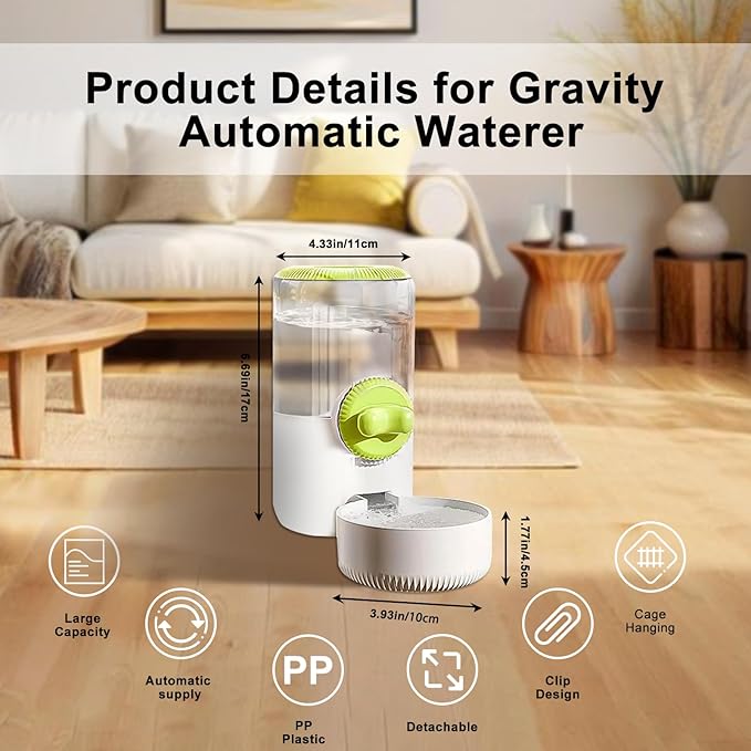 Auto Gravity Siphon Water Dispenser for Cage Hanging, 34OZ Capacity Hanging Automatic Pet Cage Waterer, Water Bowl for Cats Dogs Rabbit Ferret Chinchilla Bird Hedgehog Guinea Pig (Light Green)