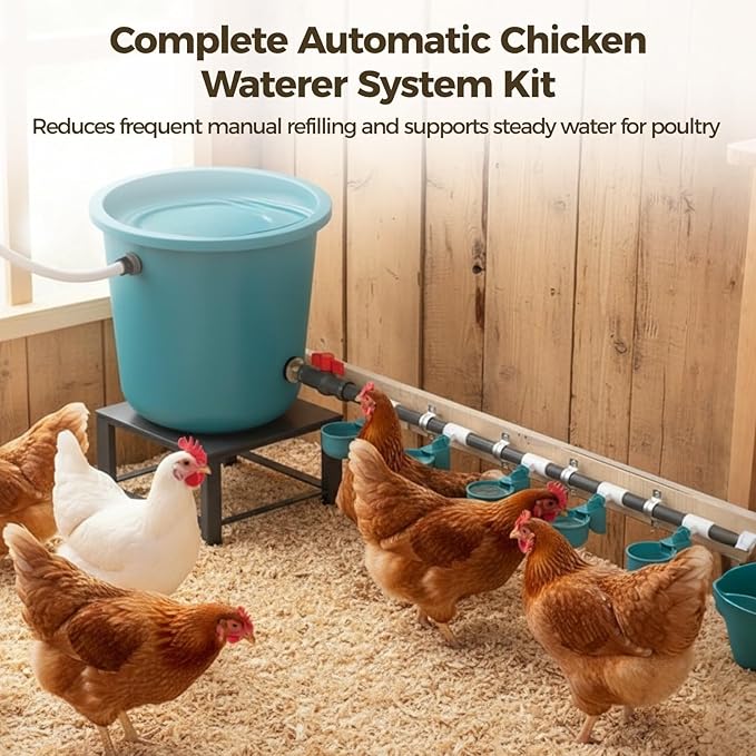 Complete Automatic Chicken Waterer System Kit, Includes 9 Chicken Water Cups, PVC Pipe, T-Joints, Float Valve, Poultry Watering, DIY Chicken Water Feeder for Broiler, Duck, Goose, Farm Birds