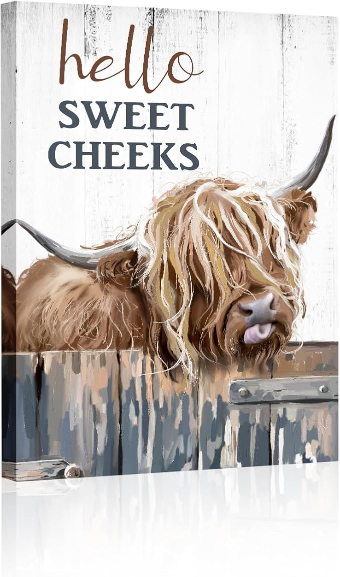 Highland Cow Picture Bathroom Decor: Hello Sweet Cheeks Highland Cow Wall Art Canvas Prints Farmhouse Bathroom Wall Decor, Farm Animal Pictures Cow Paintings Rustic Country Home Decor 8" X 12"