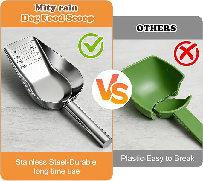 Mity rain Dog Food Scoop Stainless Steel with Long Handle, Precise Dog Food Measuring Cup 1, 3/4, 1/2, 1/4 Cup, Pet Scoop for Dogs, Cats, Rabbits, Animals, Metal Spoon for Dog Food Storage