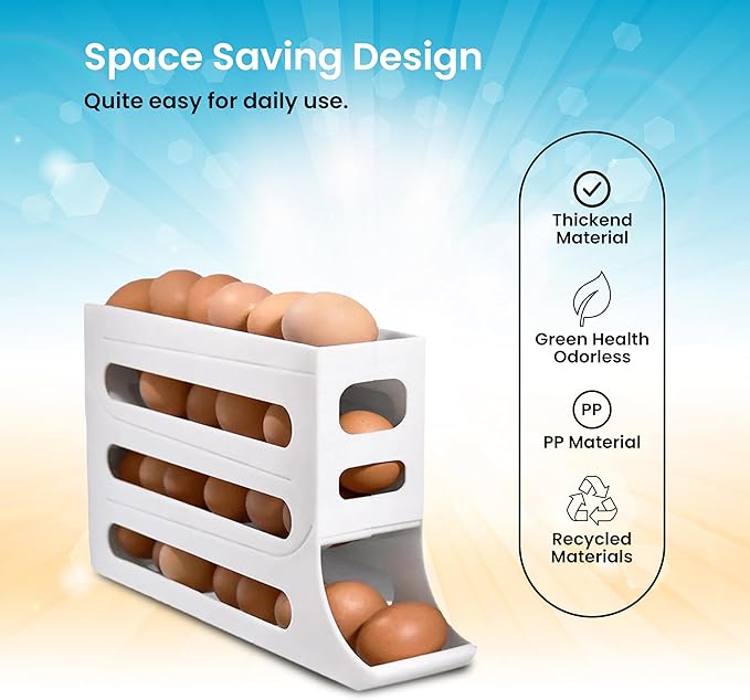 ZAYLAN Egg Holder for Fridge, Auto Rolling Egg Roller/Dispenser/Organizer/Storage Container, Space-Saving 4-Tier Egg Tray for 28 Eggs, Refrigerator, Kitchen & Countertop with Flower Egg Cutter (WHITE)