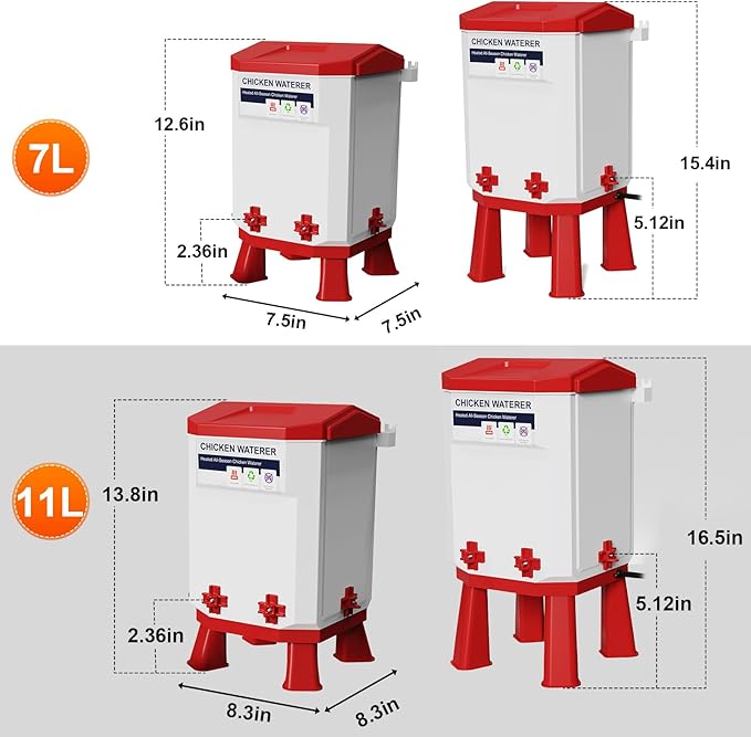 Heated Chicken Waterer, 2 Gallon Thermostatic Poultry Drinker with 4 Nipples, Outdoor Winter Water Heater with Leg Base for Chickens, Ducks, Geese, Turkeys, Anti-Freeze Automatic Watering System