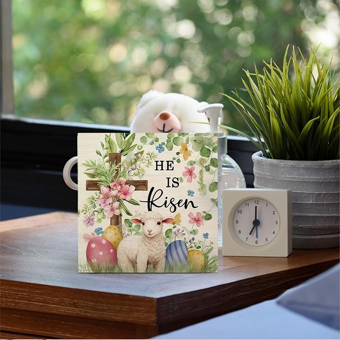 He Is Risen Easter Christian Lamb Wooden Box Sign Desk Decor, Spring Floral Cross Easter Sheep Egg Wood Signs for Bedroom Home Office Desk Table Shelf Decorations, 5x5 Inch