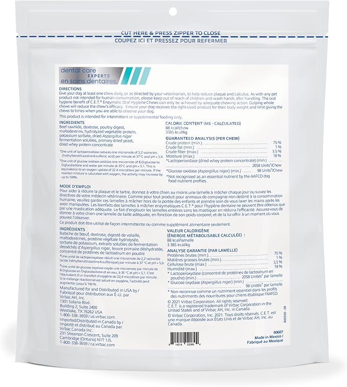 Virbac C.E.T.® Enzymatic Oral Hygiene Chews for Dogs, Large - Plaque & Tartar Control - Single Layer Beefhide with Exclusive Dual-Enzyme System & Tasty Chicken Flavor - Easy to Give Dog Dental Chew