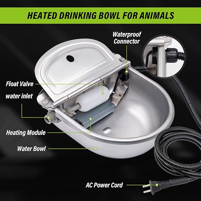 MINYULUA Automatic Heated Dog Water Bowl Stainless Steel Pet Thermal-Bowl Livestock Waterer Constant Temperature Dispenser for Dogs Cow Horse Pig Sheep Chicken Outdoor Drinking