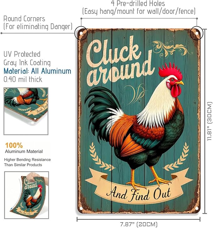 FunnySign Chicken Gifts Rooster Décor Cluck Around And Find Out Rustic Tin Sign For Home Farm Chicken Coop Decor 8x12 Inch (9703)