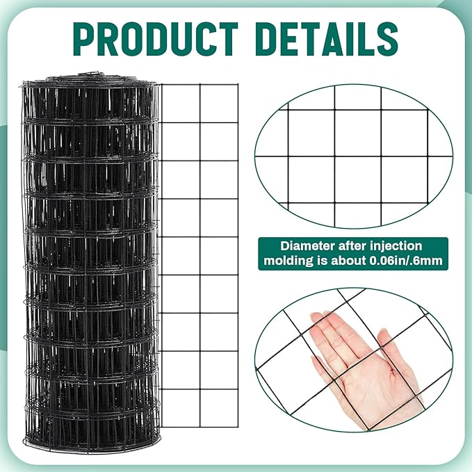 Gisafai Galvanized Welded Wire Fence 4 ft X 50 ft for Dog Chicken Hog Deer Goat Cattle 16GA Garden Border PVC Coated Fencing Roll Border Yard Vegetable Plant Animals Protection Poultry Netting(Black)