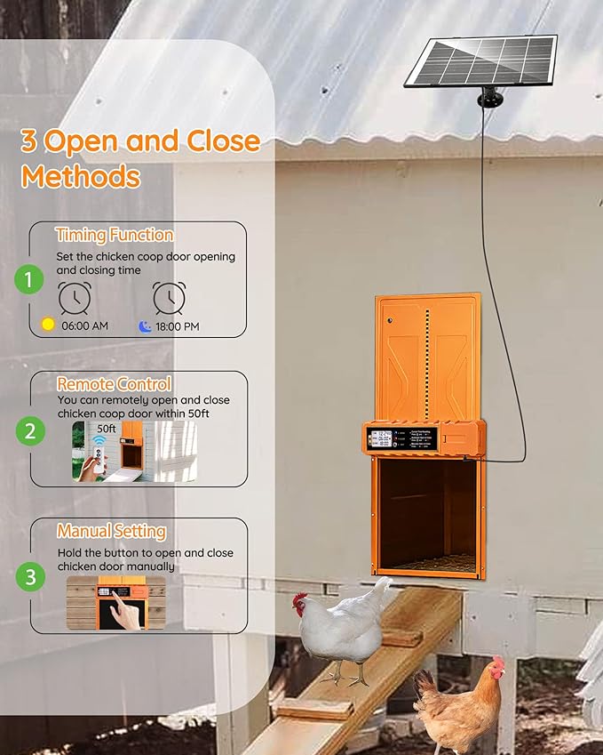 Automatic Chicken Coop Door Solar Powered, Size 14.2″ x 10.8″, Orange Aluminum Alloy Chicken Coop Door Design with USB-C Charging & 3 Modes, Auto Chicken Door with Remote Control, Anti-Pinch