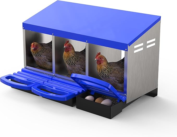 Chicken Nesting Box 3 Hole, Galvanized Steel Nest with Roll Away Egg Collection & Swing Perch, Easy-Clean Laying Box for Hens, Heavy Duty Design for Chicken Coop