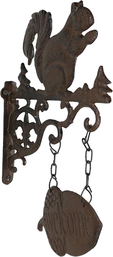 Ebros Gift Cast Iron Rustic Scroll Art Vintage Western Country Farmhouse Cottage Squirrel With Welcome Sign Acorn Fleur De Lis Wall Bracket Indoor Or Outdoor Farm Ranch Accent