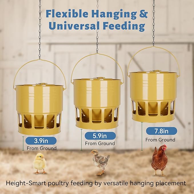 KOL Hanging Chicken Feeder – 20lbs Metal Chicken Feeder No Waste, Adjustable Poultry Feeder with 12 Ports, No Installation & Universal Height Design (Yellow)