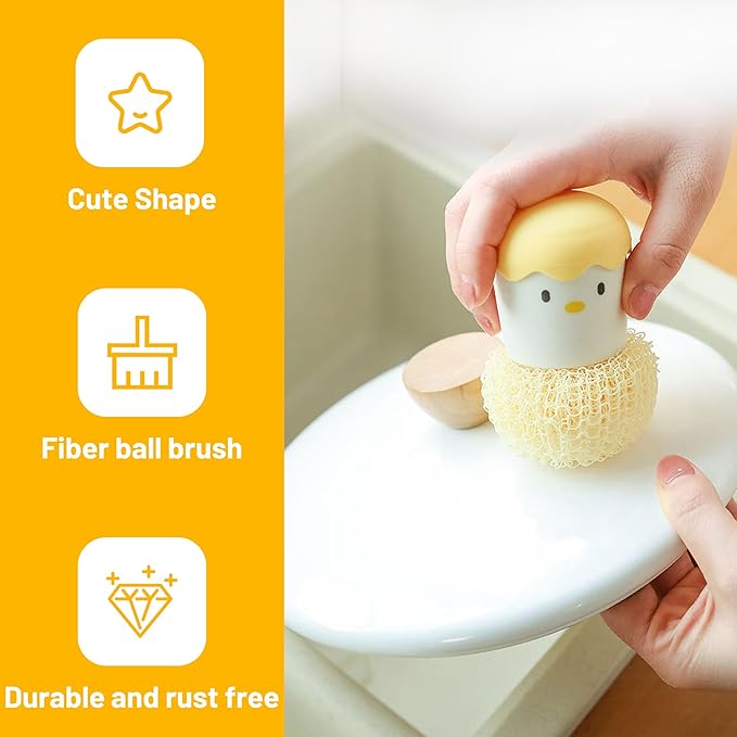 2Pcs Eggshell Chicken Shaped Cleaning Brush with Handle Detachable Fiber Cleaning Ball for Cleaning Kitchen