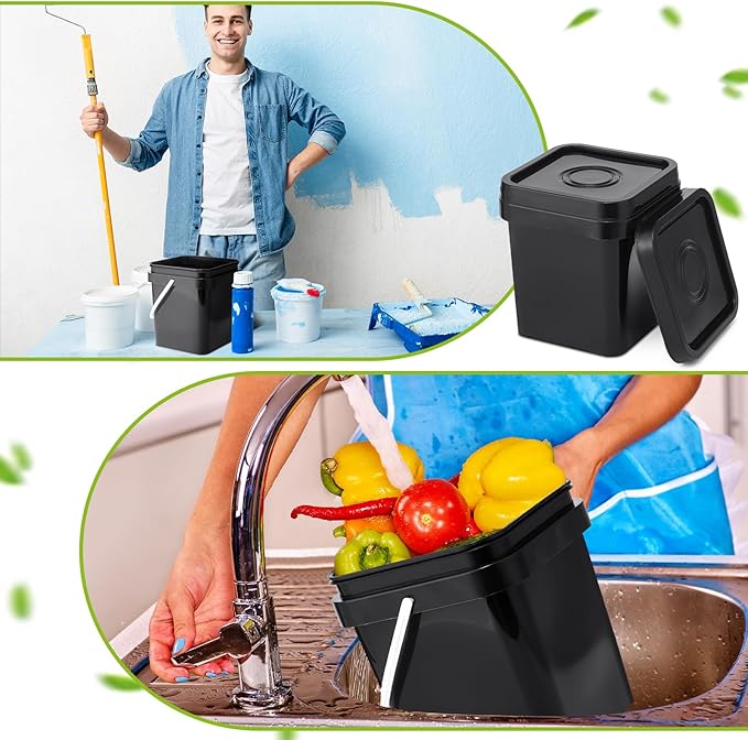 Suzile 10 Pcs Food Grade Square Bucket with Lid 1 Gallon Plastic Bucket 4.5L Utility Industrial Pail with Handle Container for Food Oil Tub Water Fishing Paint House Cleaning Car Washing (Black)