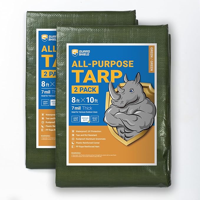 GUARD SHIELD Green Tarp Waterproof 8x10 Feet Medium Duty All Purpose Poly Tarps Cover 7mil (2-Pack)