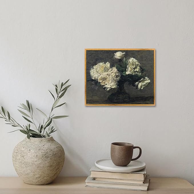White Flower Framed Canvas Wall Art Rustic Botanical Prints Moody Artwork Dark Floral Paintings Blooming Flowers Poster Farmhouse Flower Pictures White Floral in Vase Wall Art 8x10inch Framed